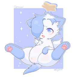 belly blue_ears blue_hair blue_tail blush blush_lines bodily_fluids female feral genitals hair legs_up neck_tuft open_mouth pawpads pink_nose pink_pawpads plump_labia presenting presenting_vulva short_tail solo sparkles spread_legs spreading star sweat tail text tuft vulva white_belly white_chest white_wings wings zyuuniie felid feline mammal 1:1 2025 colored digital_drawing_(artwork) digital_media_(artwork) hi_res