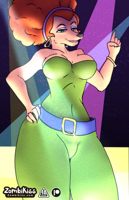 bracelet breasts clothed clothing disco_queen ear_piercing eyeshadow female fully_clothed hair jewelry makeup open_mouth piercing purple_eyeshadow red_hair zombikiss disney goof_troop sylvia_marpole canid canine canis domestic_dog mammal hi_res