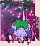 abstract_background anthro barazoku barefoot bell blurred_background border bottomwear bulge butt clothing feet fur hanging_by_tail holidays jingle_bell male nipples ornament pecs presenting presenting_hindquarters purple_body purple_fur shorts simple_background solo tail thick_thighs white_body white_fur outcast-stars weyland_here american_opossum mammal marsupial virginia_opossum absurd_res hi_res