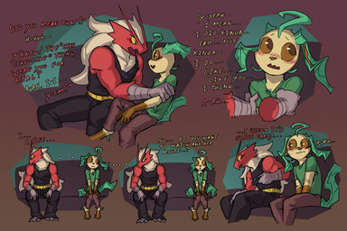 anthro biped black_clothing blue_eyes blush blush_lines bottomwear brown_eyes clothed clothed_male clothing dialogue digitigrade eye_contact furniture hand_on_arm hands_on_legs looking_at_another male male_anthro on_sofa pants red_body shirt simple_background sitting sitting_on_sofa sofa tail text topwear vonepitaph nintendo pokemon byron_(vonepitaph) kale_(vonepitaph) blaziken eeveelution generation_3_pokemon generation_4_pokemon leafeon pokemon_(species) 2025 comic digital_media_(artwork) english_text hi_res