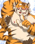 anthro belly blush humanoid_hands kemono male moobs navel nipples overweight overweight_anthro overweight_male pink_nose pubes solo raichoclub felid mammal pantherine tiger 2019 hi_res