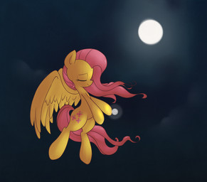 cloud cutie_mark eyes_closed feathered_wings feathers female feral flying fur hair light moon night outside pink_hair smile solo wind wings yellow_body yellow_feathers yellow_fur hidden-cat friendship_is_magic hasbro my_little_pony mythology fluttershy_(mlp) equid equine mammal mythological_creature mythological_equine pegasus hi_res