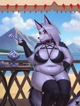 anthro belly bikini bikini_bottom bikini_top breasts chair clothed clothing collar dessert detailed_background eating female food fur furniture hair looking_at_viewer navel overweight overweight_anthro overweight_female red_sclera sitting smile solo swimwear table tail two-piece_swimsuit white_body white_fur hacatiko helluva_boss mythology loona_(helluva_boss) canid canid_demon canine demon hellhound mammal mythological_canine mythological_creature 2024 3:4 digital_media_(artwork) hi_res