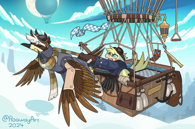 aircraft ambiguous_gender anchor anthro balloon claws clothing duo eyes_closed eyewear eyewear_on_head goggles goggles_on_head hot_air_balloon inflatable open_mouth scarf smile vehicle wings roawayart avian hi_res