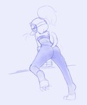 anthro butt clothing eyewear female goggles hair looking_back ponytail rear_view solo tail whiskers vasdocor_09 eulipotyphlan mammal mole_(animal) blue_and_white digital_media_(artwork) hi_res monochrome sketch