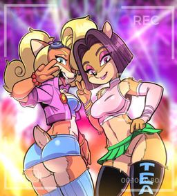 anthro blonde_hair bottomwear bracelet breasts butt clothed clothing clothing_lift crop_top duo eyeshadow eyewear eyewear_on_head female fur furgonomics genitals gesture goggles goggles_on_head hair hand_gesture jacket jewelry lipstick looking_at_viewer makeup microskirt miniskirt no_underwear orange_body orange_fur piercing pubes purple_hair recording shirt skirt skirt_lift tail tail_through_skirt tan_body tan_fur tongue tongue_out tongue_piercing topwear upskirt v_sign vulva fabio_paulino activision crash_bandicoot_(series) crash_team_racing_(series) crash_team_racing_nitro-fueled coco_bandicoot liz_bandicoot bandicoot mammal marsupial 2020 absurd_res hi_res