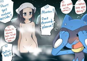 ambiguous_gender anthro blush casual_nudity convenient_censorship covering covering_eyes covering_face dialogue duo embarrassed female hot_spring looking_at_another master nude speech_bubble text water 7liquid nintendo pokemon pokemon_legends_arceus akari_(pokemon) generation_4_pokemon human mammal pokemon_(species) riolu english_text