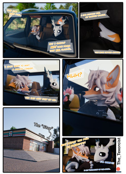 6_panel_comic :3c anthro antlers black_body black_fur bone car clothed clothing dialogue driving duo ellipsis female fur hair horn inside_car inside_vehicle male male/female omorashi open_mouth outside patreon_logo skull skull_head speech_bubble text topwear vehicle the_texorcist 7-eleven american_mythology indigenous_north_american_mythology mythology north_american_mythology patreon chimney_(the_texorcist) tex_(the_texorcist) bovid canid canine caprine fox mammal monster wendigo 3d_(artwork) absurd_res artist_name comic digital_media_(artwork) english_text hi_res