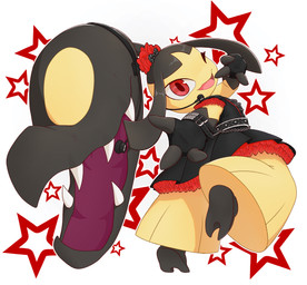 2_toes 3_fingers accessory alternative_fashion bangs belt black_body black_clothing black_dress chain clothing dress earpiece electronics eyelashes feet female fingerless_gloves fingers frilly frilly_clothing frilly_dress gloves gloves_(marking) goth gothic_lolita hair_accessory hair_mouth handwear j-fashion lolita_(fashion) looking_at_viewer looking_back markings microphone one_eye_closed one_leg_up open_mouth open_smile pseudo_hair raised_leg rear_view red_clothing red_dress red_eyes sharp_teeth simple_background smile soles solo star teeth toes white_background yellow_body mawaifu babymetal nintendo pokemon generation_3_pokemon humanoid mawile pokemon_(species) 2025 absurd_res hi_res