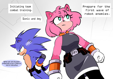 annoyed anthro belly belt black_belt blue_body blue_fur blue_quills clothed clothed_anthro clothed_female clothing determined determined_eyes dialogue duo elbow_pads eyelashes female fully_clothed fully_clothed_anthro fully_clothed_female fur gloves green_eyes grey_body grey_fur hair handwear male multicolored_body multicolored_fur observing pink_body pink_fur pink_hair pouch_(clothing) protective_gear quills_(anatomy) sarcasm speech_bubble tan_belly tan_inner_ear tan_mouth text white_clothing white_gloves white_handwear wrist_guards quavernsfw sega sonic_the_hedgehog_(series) amy_rose sonic_the_hedgehog eulipotyphlan hedgehog mammal english_text hi_res