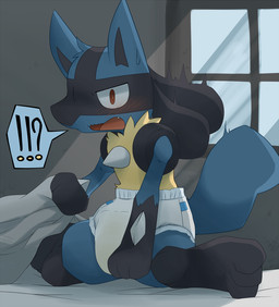 ambiguous_gender anthro bed black_body black_fur blue_body blue_fur blush bodily_fluids clothed clothing diaper exclamation_point fur furniture genital_fluids interrobang peeing question_mark red_eyes solo tail unclean_diaper urine used_diaper watersports wearing_diaper wet wet_diaper wetting white_diaper yellow_body yellow_fur satsuki_rabbit nintendo pokemon canid canine generation_4_pokemon lucario mammal pokemon_(species) 2012