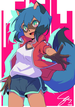 5_fingers anthro athletic_wear black_nose blue_body blue_eyes blue_fur blue_hair bottomwear brown_body brown_fur clothed clothing dolphin_shorts female fingers fluffy fluffy_tail fur gym_bottomwear gym_shorts hair jacket multicolored_eyes open_mouth pink_eyes short_hair shorts solo tail topwear sen_miyagawa brand_new_animal studio_trigger michiru_kagemori canid canine mammal raccoon_dog tanuki hi_res portrait three-quarter_portrait