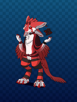4_ears anthro bell black_sclera claws clothing collar ear_piercing feathered_wings feathers feet fingers fur horn intersex legwear male multi_ear pattern_background piercing red_body red_claws red_eyes red_feathers red_fur simple_background solo standing tail toes tuft white_body white_feathers white_fur winged_arms wings seferen laurentius_maximus avali demon absurd_res hi_res