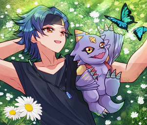 accessory anthro blue_hair claws clothing duo flower flower_field hair headband lying male on_back plant purple_body shirt smile tank_top topwear wings yellow_eyes mone_monemonee bandai_namco digimon digimon_beatbreak raito_souda arthropod butterfly digimon_(species) human insect lepidopteran mammal monodramon scalie absurd_res hi_res
