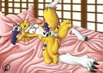 anthro bed bedding black_sclera blue_eyes breasts claws female fox_tail fur furniture genitals looking_at_viewer medium_breasts nipples nude pawpads paws pose pussy seductive solo text white_body white_fur yellow_body yellow_fur yin_yang gauox bandai_namco digimon canid canine digimon_(species) mammal renamon absurd_res english_text hi_res huge_filesize pinup