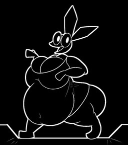 anthro belly belly_overhang big_belly big_breasts big_butt black_background bottomless breasts butt cleavage clothed clothing female happy huge_butt long_ears looking_at_viewer navel obese obese_anthro obese_female open_mouth open_smile overweight overweight_anthro overweight_female shirt shirt_only simple_background smile solo thick_thighs topwear topwear_only walking white_line_art wide_hips nidolnorris vib-ribbon vibri lagomorph leporid mammal aliasing black_and_white colored_line_art digital_media_(artwork) full-length_portrait hi_res line_art monochrome portrait