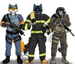 absurd_res angry anthro armor black_body black_fur blue_body blue_eyes blue_fur boots bope bulletproof_vest canid canine claws clock clothing duky_(nickyydukyte) felid fire firefighter_boots firefighter_helmet firefighter_outfit firefighter_uniform footwear fox fur green_body green_eyes green_fur group gun gun_holster headgear helmet hi_res hose humanoid knee_pads lion looking_at_another looking_at_partner looking_at_viewer male male/male mammal multicolored_body multicolored_fur muscular muscular_anthro muscular_male nickyy_(nickyydukyte) pantherine pockets police police_uniform ranged_weapon retractable_claws rifle shoes striker_f_(teymosoo) striped_body striped_fur stripes tail teymosoo thigh_holster trio uniform walkie-talkie watch weapon white_body white_fur wristwatch