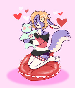 ambiguous_gender anthro blonde_hair clothing footwear hair heart_symbol legwear pillow plushie purple_body socks solo stockings sweater topwear gakrabbit amphibian frog hi_res