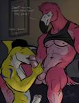 2_penises abs anthro anthro_on_anthro balls beak bed bedroom biped bottomless circumcised clothed clothing clothing_lift dialogue duo erection eyes_closed feathers fellatio fin foreskin furniture genitals hair head_in_crotch humanoid_genitalia humanoid_penis inside interspecies licking long_beak male male/male mostly_nude multi_genitalia multi_penis muscular muscular_male nipples nude on_bed oral partially_retracted_foreskin penile penis penis_lick sex shirt shirt_lift short_hair sitting snout tail tail_feathers tank_top text tongue tongue_out topwear bgn dylan_(bgn) windtide avian bird fish flamingo marine shark 2016 digital_media_(artwork) english_text hi_res shaded signature soft_shading