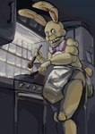 anthro apron bow_tie buckteeth clothing kitchen looking_at_viewer machine male scut_tail short_tail solo tail teeth yellow_body bunnysuitconman five_nights_at_freddy's into_the_pit scottgames spring_bonnie_(fnaf) lagomorph leporid mammal rabbit robot 2024 digital_media_(artwork) hi_res