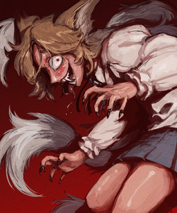 black_nails bodily_fluids bottomwear clothing colored_nails drooling fangs female insane long_nails long_tongue nails red_background saliva sharp_teeth simple_background skirt solo teeth tongue had_my_way foxtrot_(glacierclear) strawberry_cheesecake_(glacierclear) animal_humanoid canid canid_humanoid canine canine_humanoid fox_humanoid humanoid mammal mammal_humanoid vampire 2022 5:6 absurd_res hi_res