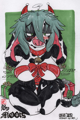 anthro bell bell_harness big_breasts blush bow_ribbon box breasts christmas_clothing christmas_headwear clothed clothing collar container cowbell ear_piercing embarrassed female gift gift_bow gift_box gift_wrapped green_background green_eyes hair harness hat headgear headwear holidays jingle_bell jingle_bell_harness partially_clothed piercing ribbons santa_hat simple_background solo tail teal_hair text mootsncompany christmas mumei_(mootsncompany) bovid bovine cattle holstein_friesian_cattle mammal absurd_res hi_res japanese_text sketch traditional_media_(artwork)