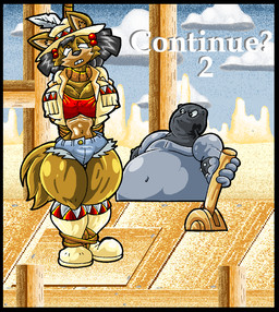anthro bellt big_breasts black_border black_hair boots border bottomwear bound breasts brown_eyes clothing continue crop_top duo executioner executioner_hood female footwear gallows grey_body hair hat headgear headwear jacket male navel noose overweight overweight_anthro overweight_male question_mark rope shirt shoes shorts teeth text thick_thighs topwear virus-20 june_coyote ambiguous_species canid canine canis coyote mammal 2012 digital_media_(artwork) english_text