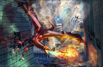 attack battle breath_powers building burning_building chaos chasing city city_background destruction elemental_manipulation feral fire fire_breathing fire_manipulation flying glowing group horn laser light light_beam macro membrane_(anatomy) membranous_wings midair modern_architecture neo-classical_architecture outside red_body red_scales reflection scales skyscraper solo_focus spacecraft street sunbeam sunlight tail urban vehicle wings red-izak mythology alien dragon mythological_creature mythological_scalie scalie 2017 digital_media_(artwork)