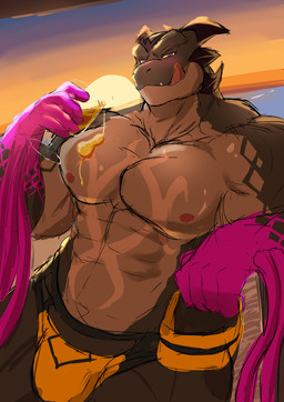 abs anthro barazoku beverage blush clothed clothing container cup detailed_background drinking_glass dripping glass glass_container glass_cup horn looking_at_viewer male male_anthro muscular muscular_anthro muscular_male pecs purple_eyes solo sunset swimwear tentacles tongue tongue_out topless topless_anthro topless_male wet_chest toranoyouhei lifewonders mythology tokyo_afterschool_summoners hastur_(tas) dragon mythological_creature mythological_scalie scalie absurd_res digital_media_(artwork) hi_res sketch