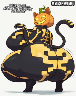 big_breasts big_butt biped breasts butt crouching dialogue female food for_a_head fruit huge_breasts huge_butt huge_thighs hyper hyper_breasts hyper_butt hyper_thighs looking_at_viewer looking_back open_mouth plant pumpkin pumpkin_head simple_background smile solo tail text thick_thighs three-quarter_view white_background matospectoru epic_games fortnite spice_(fortnite) animal_humanoid felid felid_humanoid feline feline_humanoid humanoid mammal mammal_humanoid object_head 2025 english_text hi_res