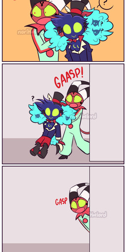 8_panel_comic aged_down anthro balloon_animal blue_body blue_clothing blue_feathers blue_shirt blue_topwear bodily_fluids bottomwear censored_profanity chest_tuft clothing constricted_pupils covering covering_ears cross-popping_vein dialogue dragging dragging_another feather_hair feathers fluffy fluffy_chest forehead_tattoo gasp green_onesie green_sclera group hat headgear headwear holding_clothing holding_hat holding_headgear holding_headwear holding_object horn inside male neutral_expression onesie pink_clothing pink_shirt pink_topwear pseudo_hair pupils purple_clothing purple_shirt purple_topwear question_mark red_body red_bottomwear red_clothing red_eyes red_shorts red_skin shirt shocked shorts sleeveless_shirt small_pupils spade_tail striped_horn stripes suspenders sweat tail tail_feathers text top_hat topwear tuft unfazed yellow_sclera young norithelord hellaverse helluva_boss asmodeus_(helluva_boss) blitzo_(helluva_boss) fizzarolli_(helluva_boss) stolas_(helluva_boss) avian avian_demon bird chicken demon galliform humanoid imp owl owl_demon phasianid 2022 absurd_res artist_name comic english_text hi_res long_image meme tall_image watermark