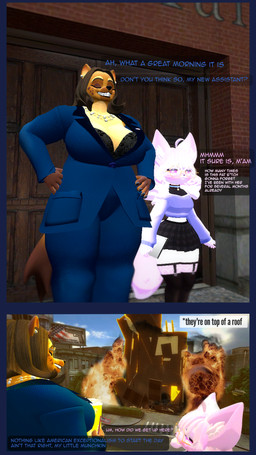 american_flag anthro brick_building business_suit city city_destruction cityscape clothing confident destruction dialogue duo explosion female food happy popcorn suit text united_states_of_america generalbrainconsuminlet garry's_mod kamala_harris felid hyena mammal 3d_(artwork) 9:16 character_request comic digital_media_(artwork) english_text hi_res