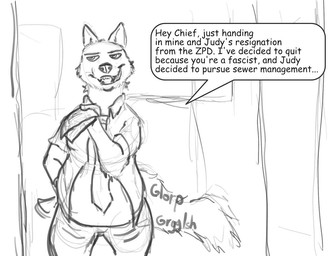 accessory after_vore anthro belly big_belly dialogue digestion fatal_vore female female_prey implied_disposal implied_scat male male_pred necktie rumbling_stomach text vore mawlexander disney zootopia nick_wilde canid canine fox mammal english_text monochrome