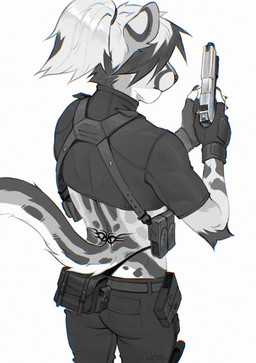 anthro arm_tuft back_tattoo black_highlights bottomwear butt clothed clothing cosplay crop_top ear_markings fingerless_gloves fur gloves gun hair handgun handwear harness highlights_(coloring) holding_gun holding_handgun holding_object holding_pistol holding_ranged_weapon holding_weapon legwear male markings panties pants pistol pistol_holster ponytail ranged_weapon shirt simple_background solo spots spotted_body spotted_fur tail tattoo topwear tuft underwear weapon white_hair koda_walker capcom resident_evil wy_(yebjiwara) cheetah felid feline king_cheetah mammal digital_media_(artwork) greyscale hi_res monochrome signature watermark