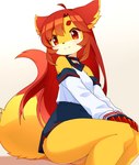 anthro blush clothed clothing cutout cybernetics female female_anthro fur hair kemono machine mechanical_arm red_eyes red_hair school_uniform shoulder_cutout sitting smile solo uniform yellow_body yellow_fur devil-vox diana_(devil-vox) canid canine cyborg fox mammal 2021 digital_media_(artwork) hi_res