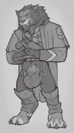 animal_genitalia anthro balls big_balls claws clothing genitals gun handgun huge_balls male pipe pistol ranged_weapon sheath solo uniform weapon snowskau blizzard_entertainment warcraft rorik_ironwill canid mammal werecanid werecreature worgen greyscale hi_res monochrome