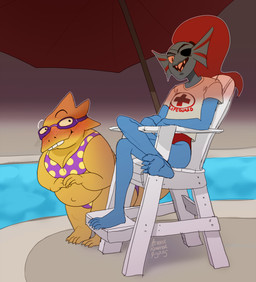 anthro barefoot bikini blush breasts buckteeth chair clothing duo eye_patch eyewear feet female female/female flat_chested furniture goggles hair non-mammal_breasts overweight ponytail red_hair scales sharp_teeth shirt sitting smile standing swimwear teeth text topwear two-piece_swimsuit umbrella water yellow_body yellow_scales fametheoryart undertale undertale_(series) alphys undyne aquatic fish lizard reptile scalie 2015 english_text hi_res