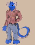 anthro blue_body blue_fur clothed clothing flannel fully_clothed fur male simple_background solo tail sinisterdragon mythology koblstone dragon furred_dragon furred_scalie hybrid kobold mythological_creature mythological_scalie scalie