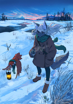 anthro beverage_can blonde_hair blush boots brown_eyes can clothed clothing cloud coat container detailed_background duo earmuffs female footprint footwear fur green_scarf hair half-closed_eyes kemono lamp lantern looking_down mountain narrowed_eyes outside plant river scarf scenery shoes sky snout snow standing star sunset topwear tree water pippi913 avian bird canid canine canis mammal wolf 2017 digital_media_(artwork) digital_painting_(artwork) hi_res painting_(artwork)