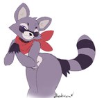 anthro biped countershade_torso countershading fur looking_at_viewer mostly_nude one_eye_closed purple_body purple_eyes purple_fur simple_background smile solo tail white_background wink n0heals4you indigo_park rambley_raccoon mammal procyonid raccoon 2024 signature