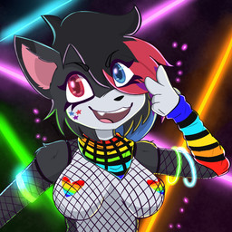anthro armwear awesome_face black_hair blue_eyes blue_hair breasts canine_teeth cheek_tuft clothing ears_up eyelashes facial_tuft female fingers fishnet_armwear fishnet_clothing fishnet_topwear fur gesture glow_bracelet glowing glowstick grey_body grey_fur hair hair_over_eye hand_gesture heterochromia highlights_(coloring) kerchief laser lights long_eyelashes medium_breasts medium_hair multicolored_body multicolored_fur multicolored_hair open_mouth particles pasties purple_hair rave red_eyes red_hair shoulder_fluff smile solo sticker teeth tongue topwear tuft v_sign white_body white_fur cereshinu canid canine canis mammal wolf 1:1 hi_res meme shaded
