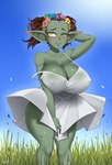 big_breasts breasts brown_hair clothed clothing dress female flower flower_crown freckles grass green_body green_skin hair huge_breasts humanoid_pointy_ears not_furry off_shoulder one_eye_closed outside pigtails plant short_stack solo sundress wind yellow_eyes twrlare goblin humanoid 2023 hi_res