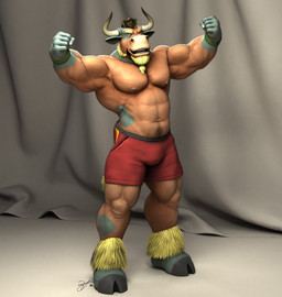 abs anthro barefoot beard blonde_hair bottomwear braided_beard brown_body brown_eyes brown_fur clothed clothing cloven_hooves curtains facial_hair feet fur green_body green_fur hair hooves horn leg_tuft looking_at_viewer male markings mohawk navel nipples pecs pubes red_bottomwear red_clothing red_shorts shorts solo spots spotted_body spotted_fur tail tail_tuft topless tuft wristband braford dozer_(braford) bovid bovine cattle mammal 2016 3d_(artwork) dated digital_media_(artwork) signature