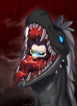 ambiguous_gender anthro black_body black_fur blue_eyes bodily_fluids drooling duo fangs feral fur heterochromia horn male saliva steam swallowing teeth tongue tongue_out vore yellow_eyes karoshi_satan european_mythology mythology recovery_(game) gibby_(bruhestmoment69) raja_(recovery) domestic_cat dragon felid feline felis mammal mythological_creature mythological_scalie scalie western_dragon wyvern hi_res