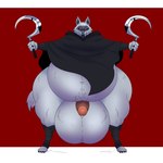 anthro balls belly big_balls big_belly bottomless bottomless_anthro bottomless_male claws clothed clothing ears_up front_view fur genitals holding_object holding_sickle holding_weapon huge_balls humanoid_genitalia humanoid_penis hyper hyper_balls hyper_genitalia looking_at_viewer male mouth_closed navel obese obese_anthro obese_male overweight overweight_anthro overweight_male penis red_eyes sickle smile smiling_at_viewer smirk smirking_at_viewer solo standing thick_thighs toe_claws topwear weapon wide_hips reagan700 riercat dreamworks puss_in_boots_(franchise) death_(puss_in_boots) canid canine canis mammal wolf 1:1 2023 artist_collaboration hi_res