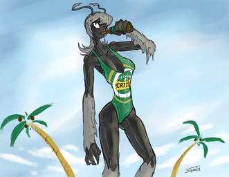 alcohol antennae_(anatomy) arm_tuft beer beverage bony breasts clothing collarbone dark_body drinking female glistening glistening_body leg_tuft one-piece_swimsuit one_eye_closed ribs sagging_breasts slim solo swimwear tuft wrinkles serth cerveza_cristal hangmoss cryptid absurd_res hi_res