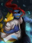 anthro clothed clothing duo eye_patch eyewear female glasses smile entsk undertale undertale_(series) alphys undyne fish lizard marine reptile scalie hi_res