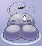 big_breasts blush breasts female one_eye_closed plate purple_background simple_background slime solo wink neitsuke sphere_creature hi_res monochrome shaded