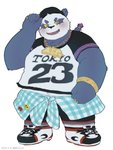 anthro black_nose blush bottomwear clothing fur hat headgear headwear kemono male overweight overweight_anthro overweight_male purple_body purple_fur shirt shorts simple_background solo topwear white_background white_body white_fur moujya lifewonders tokyo_afterschool_summoners alp_(tas) bear giant_panda mammal 2020 absurd_res hi_res