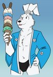 anthro black_clothing black_nose blue_clothing clothed clothing dessert food fur ice_cream ice_cream_cone male open_clothing open_topwear robe simple_background solo symbol tied_ears top_knot topwear white_body white_fur unsafescapewolf usagi_yojimbo miyamoto_usagi lagomorph leporid mammal rabbit hi_res